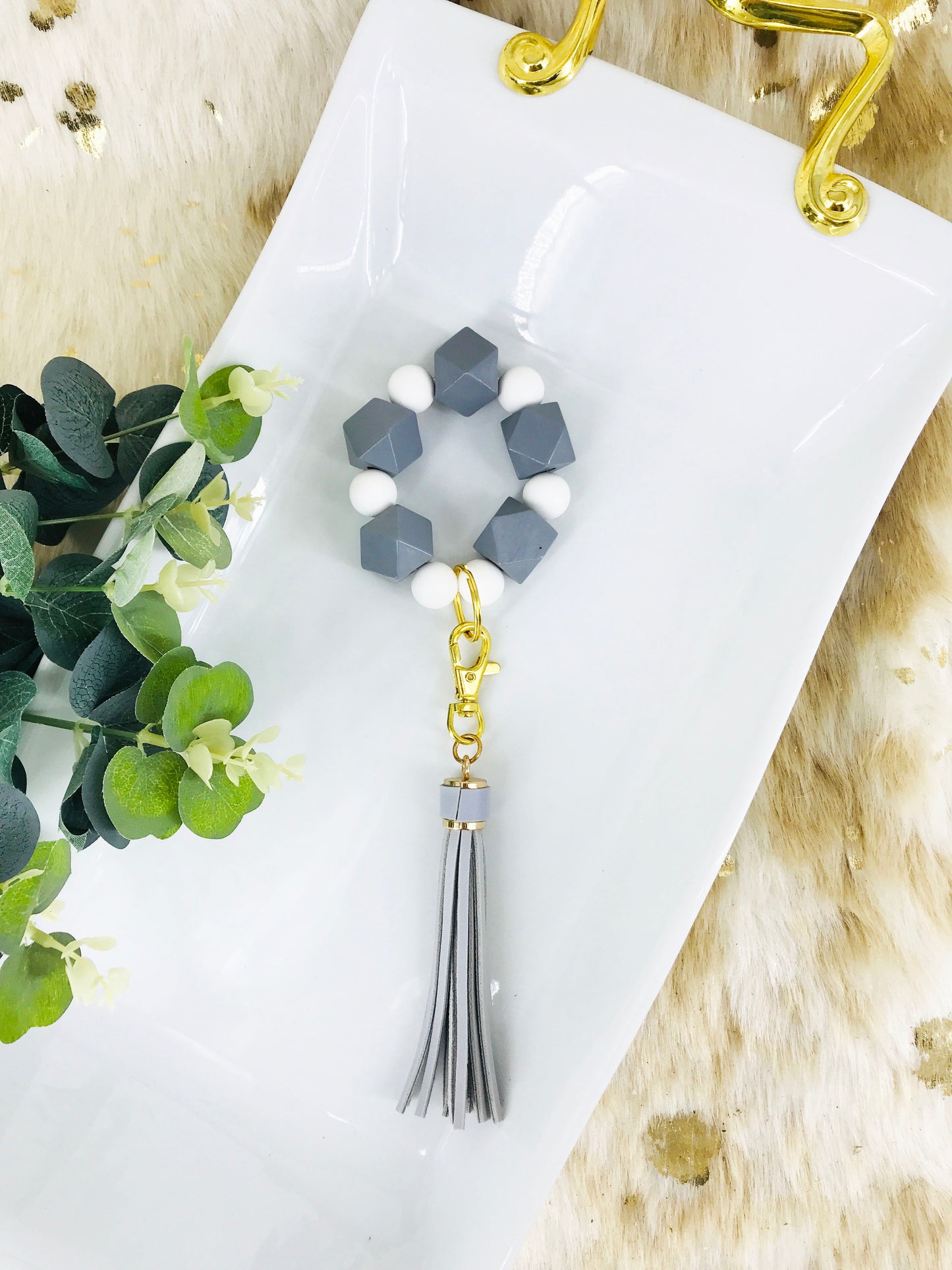 Wood and Silicon Bead Bracelet Keychain - K188