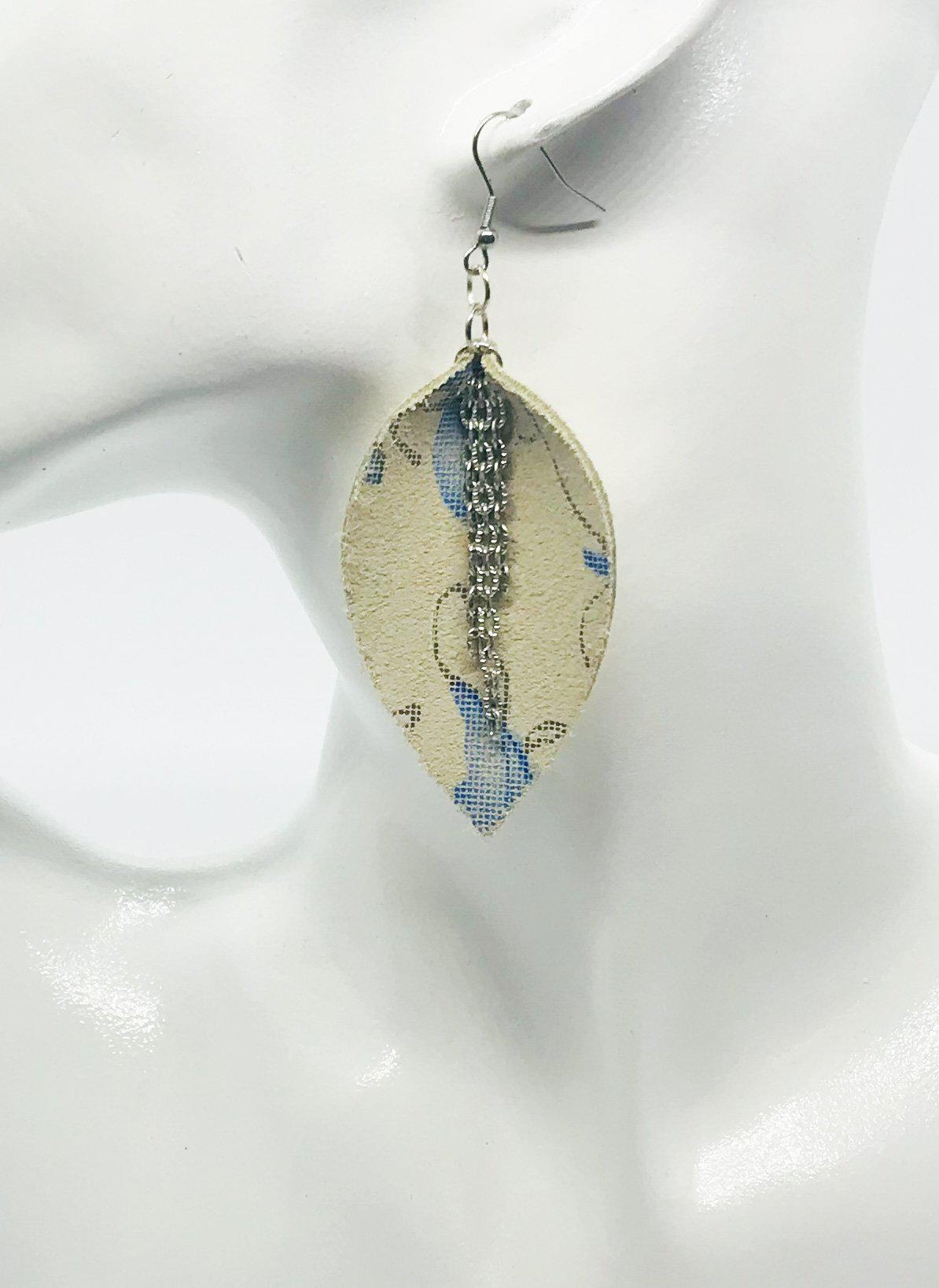 Ivory & Blue Floral Chain Leather Earrings