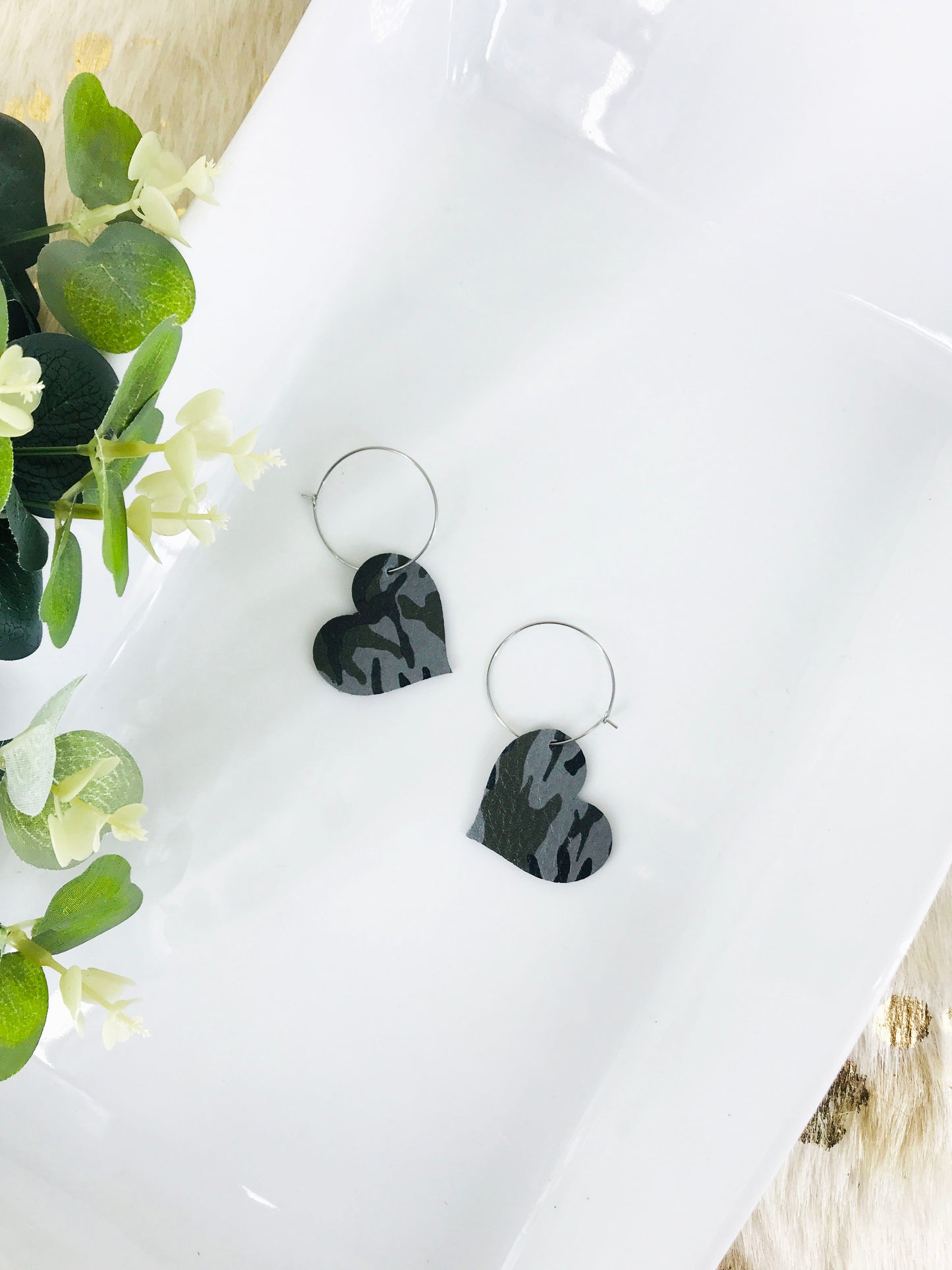 Jungle Gray Camo Leather Hoop Earrings - E19-2272