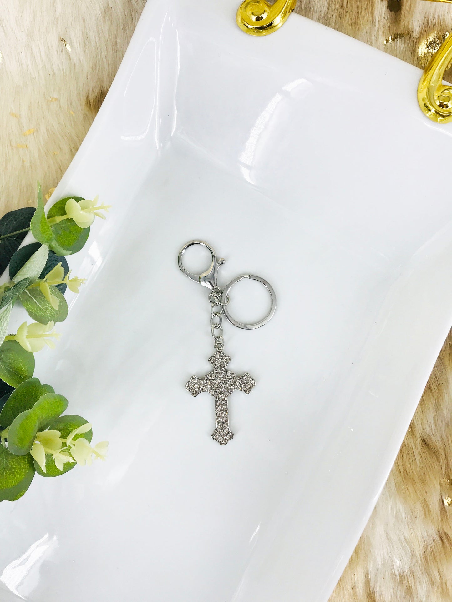 Silver Rhinestone Cross & Heart Keychain - K275