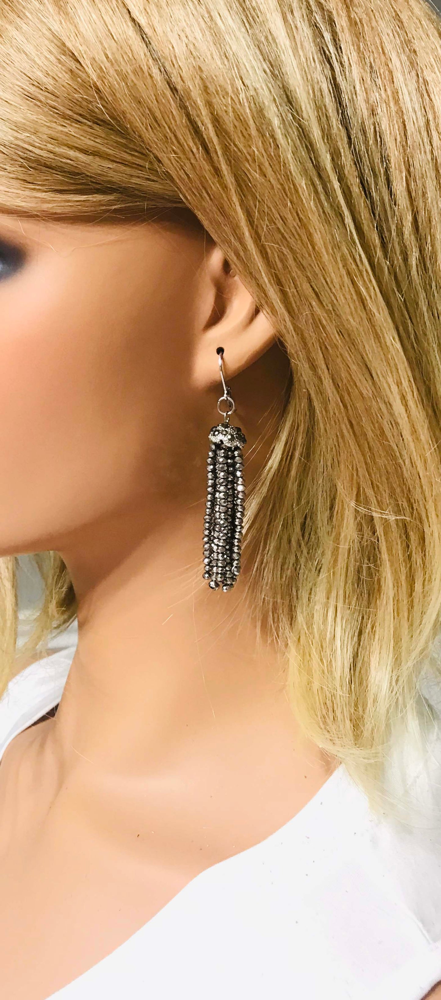 Silver Boho Style Glass Bead Tassel Earrings - E19-311