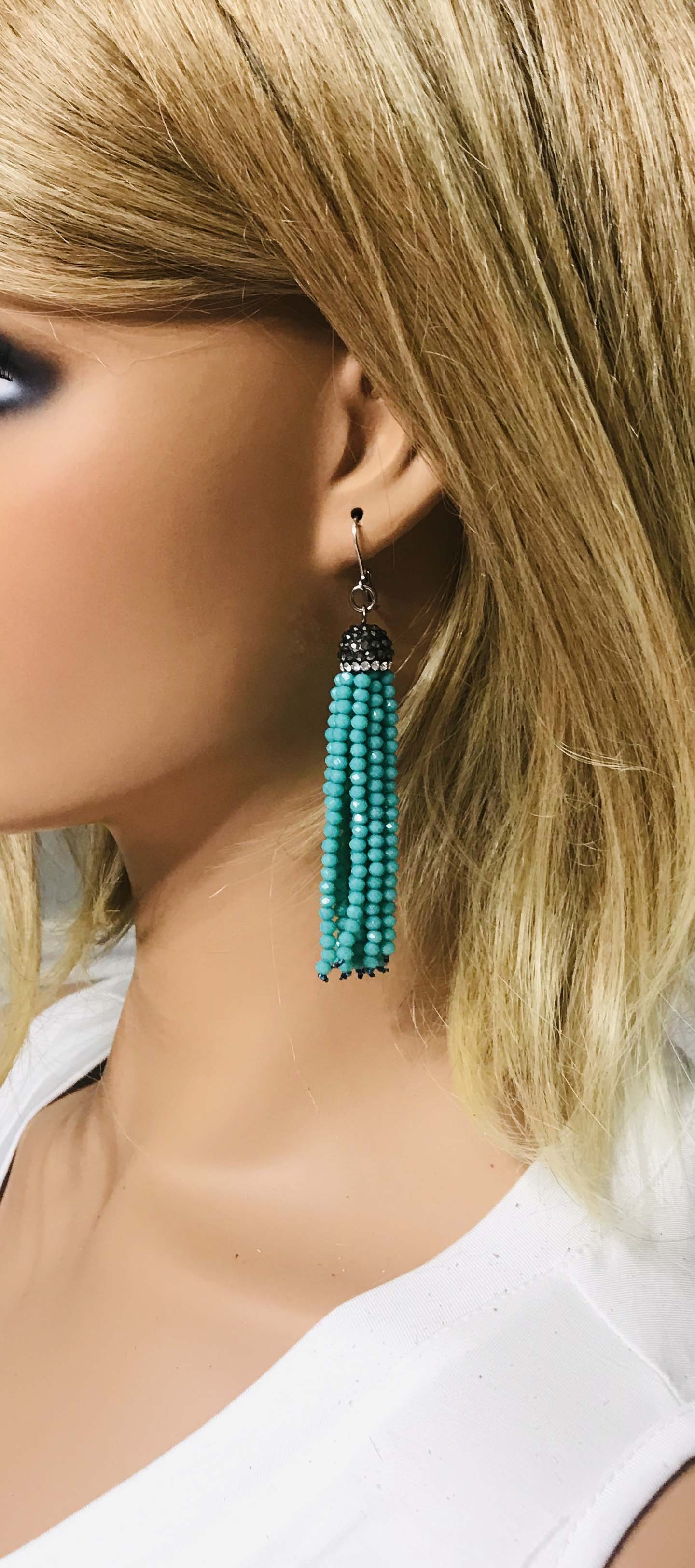 Turquoise Boho Style Glass Bead Tassel Earrings - E19-319