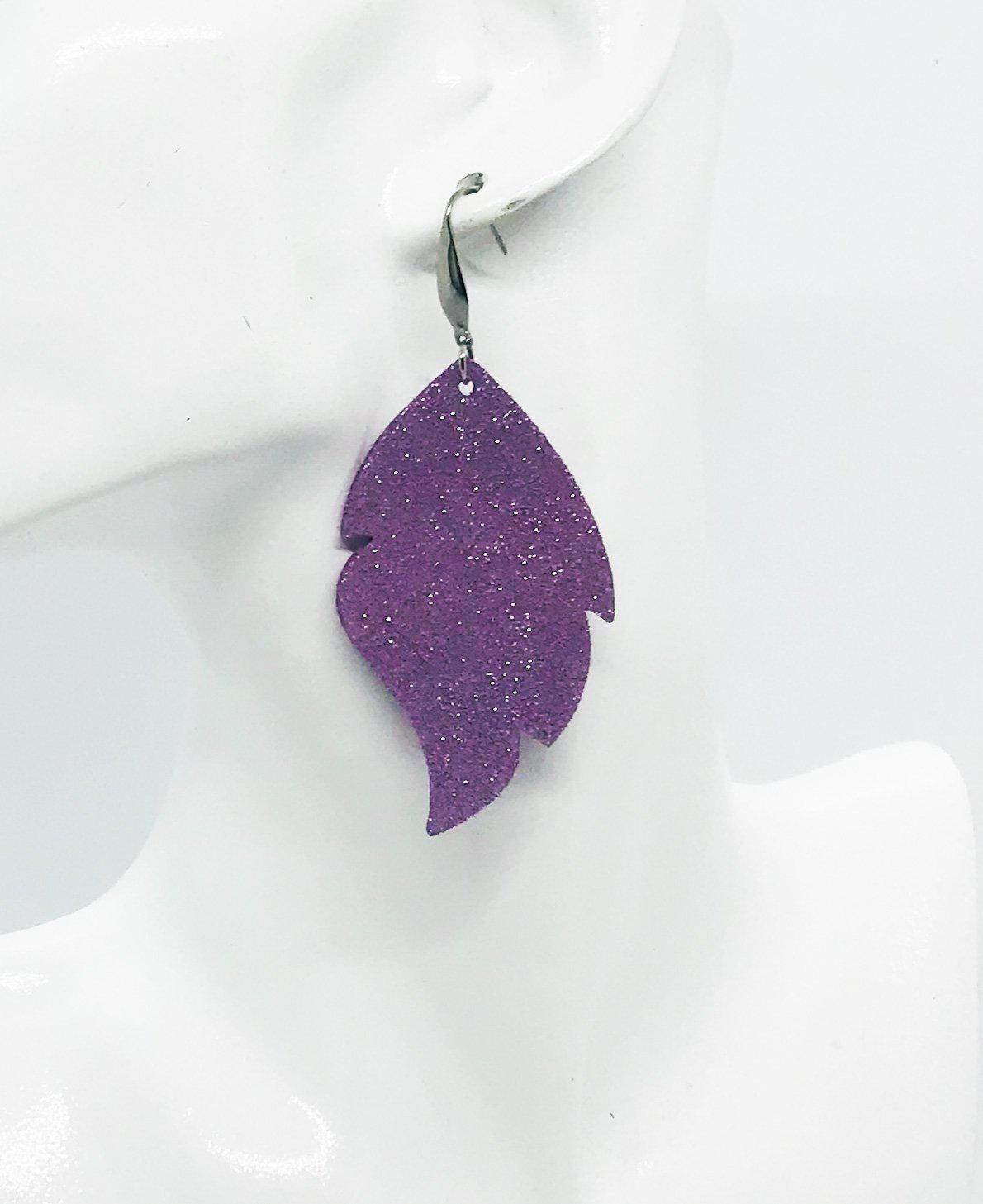 Lilac Blooms Dazzle Scalloped Leaf Leather Earrings