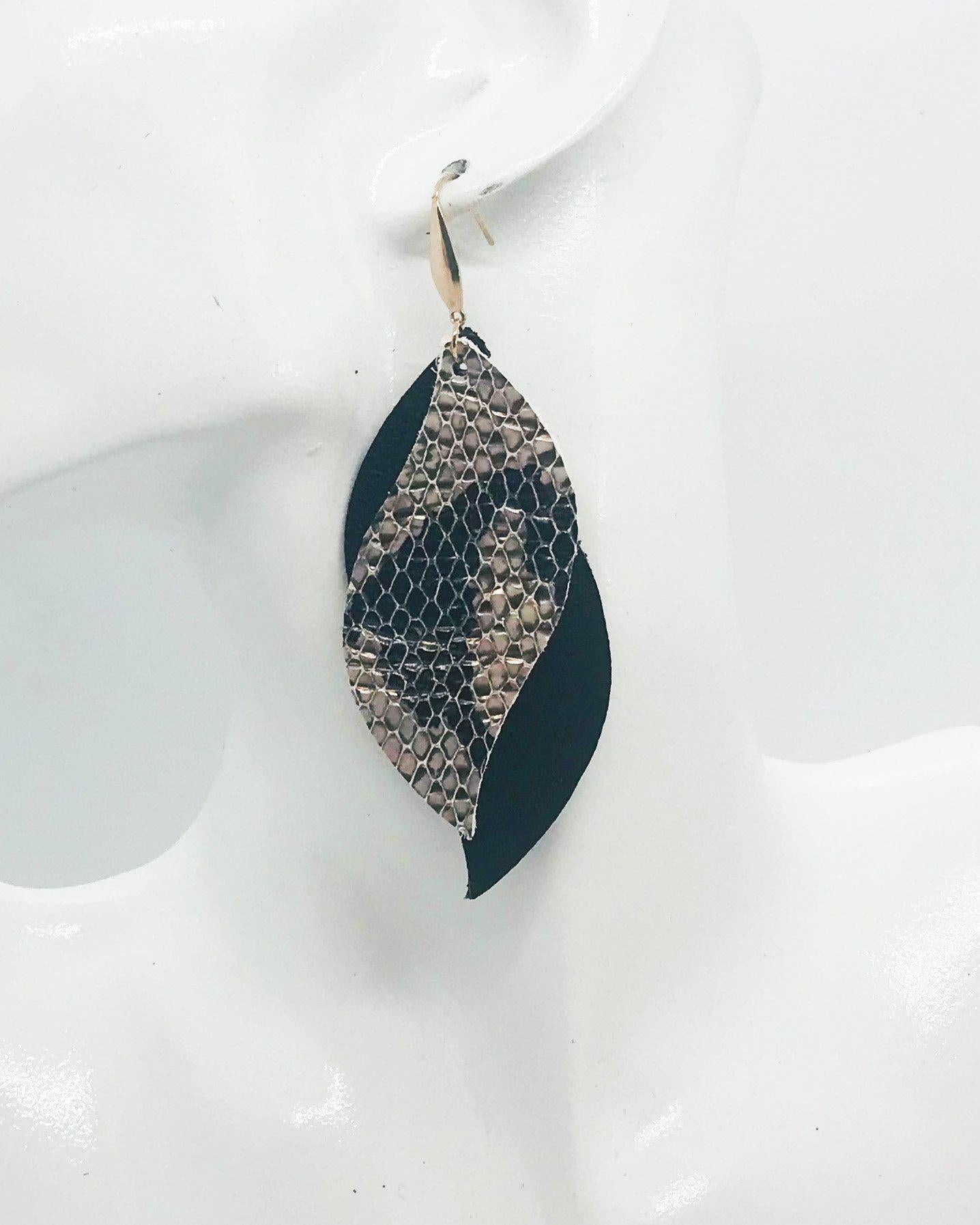 Metallic Leather Snake Skin and Black Leather Earrings - E19-1292