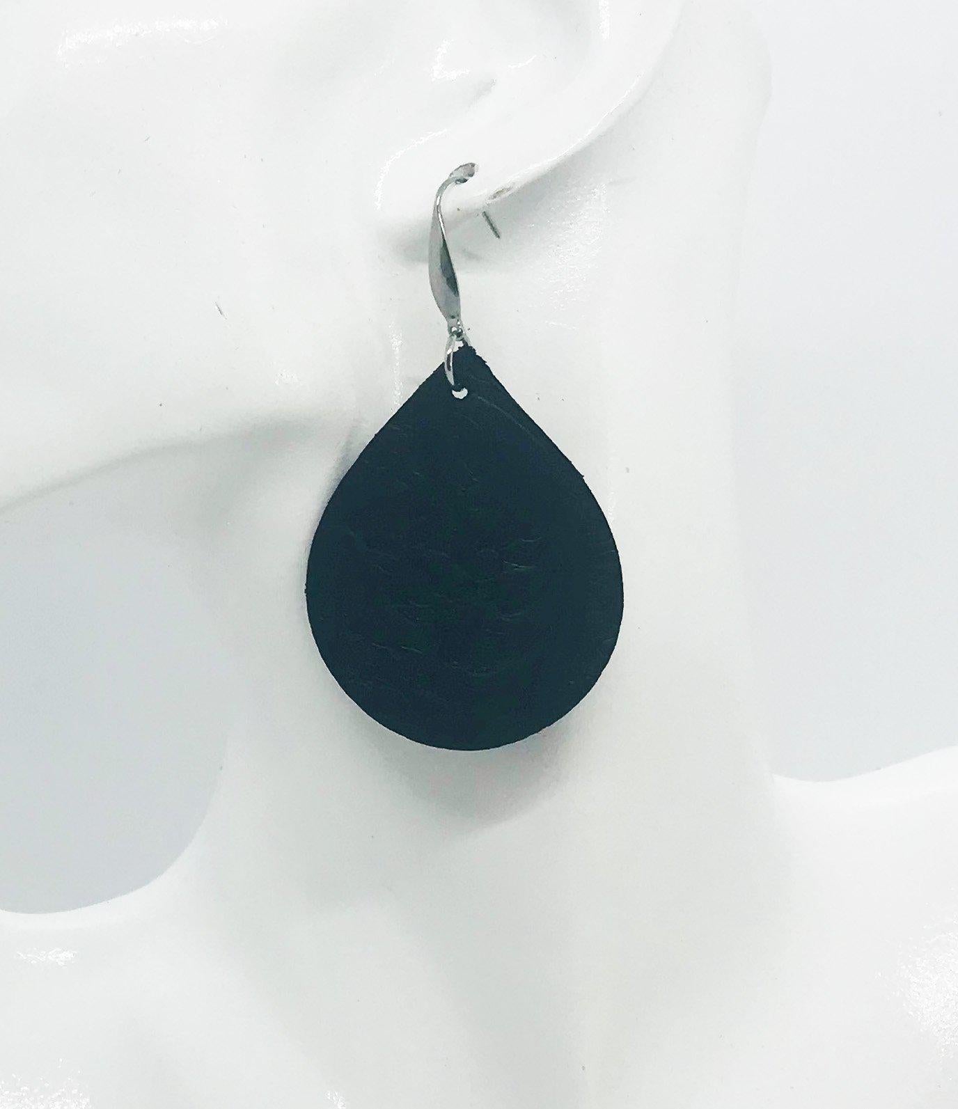 Black Acanthus Embossed Teardrop Leather Earrings