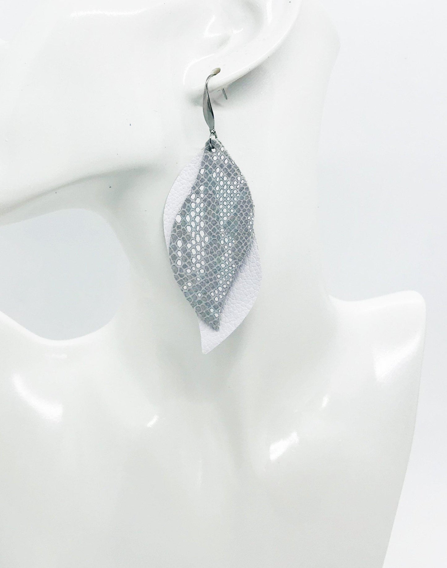 White Leather and Gray Snake Leather Earrings - E19-1376