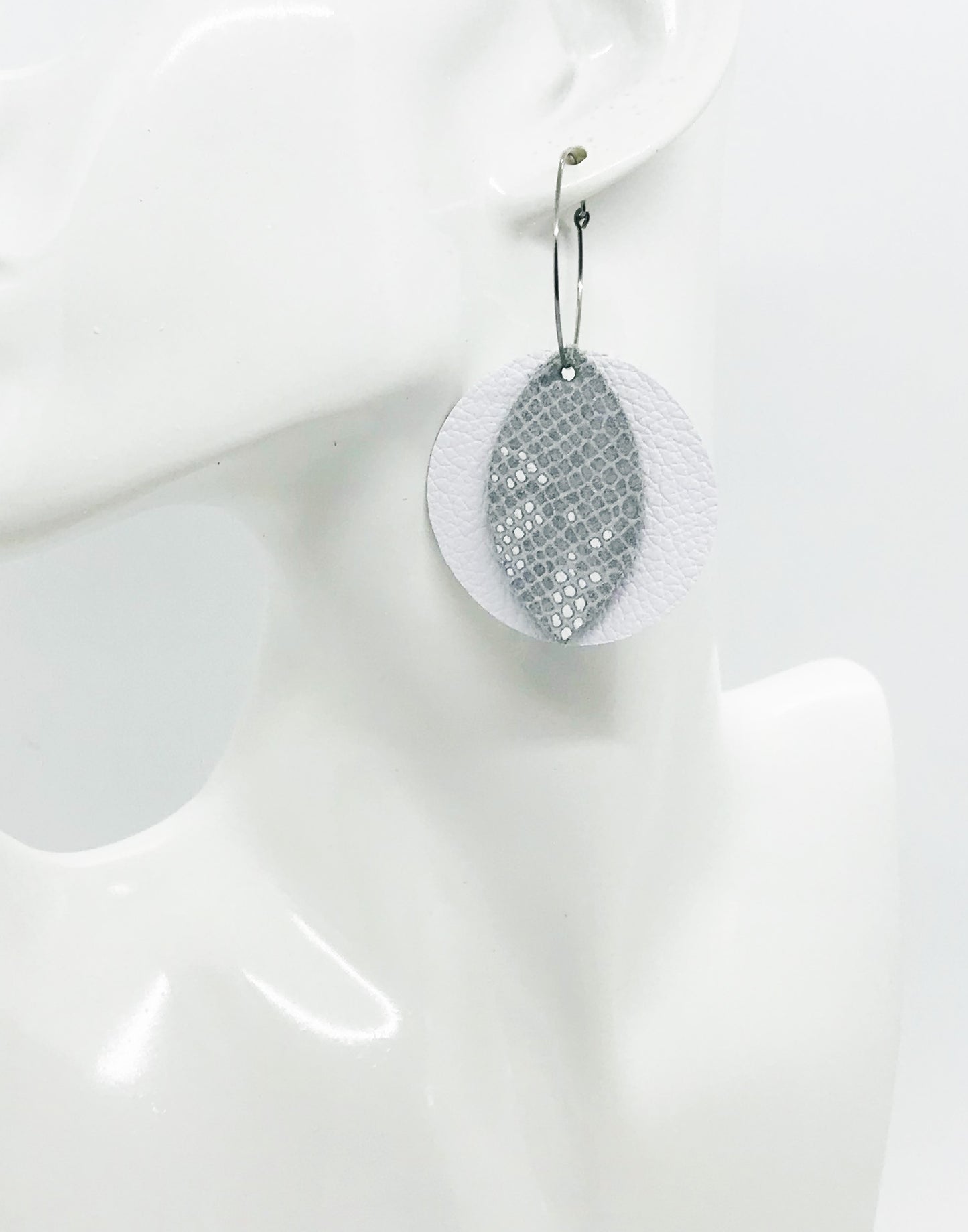 White Leather and Gray Snake Leather Hoop Earrings - E19-1384