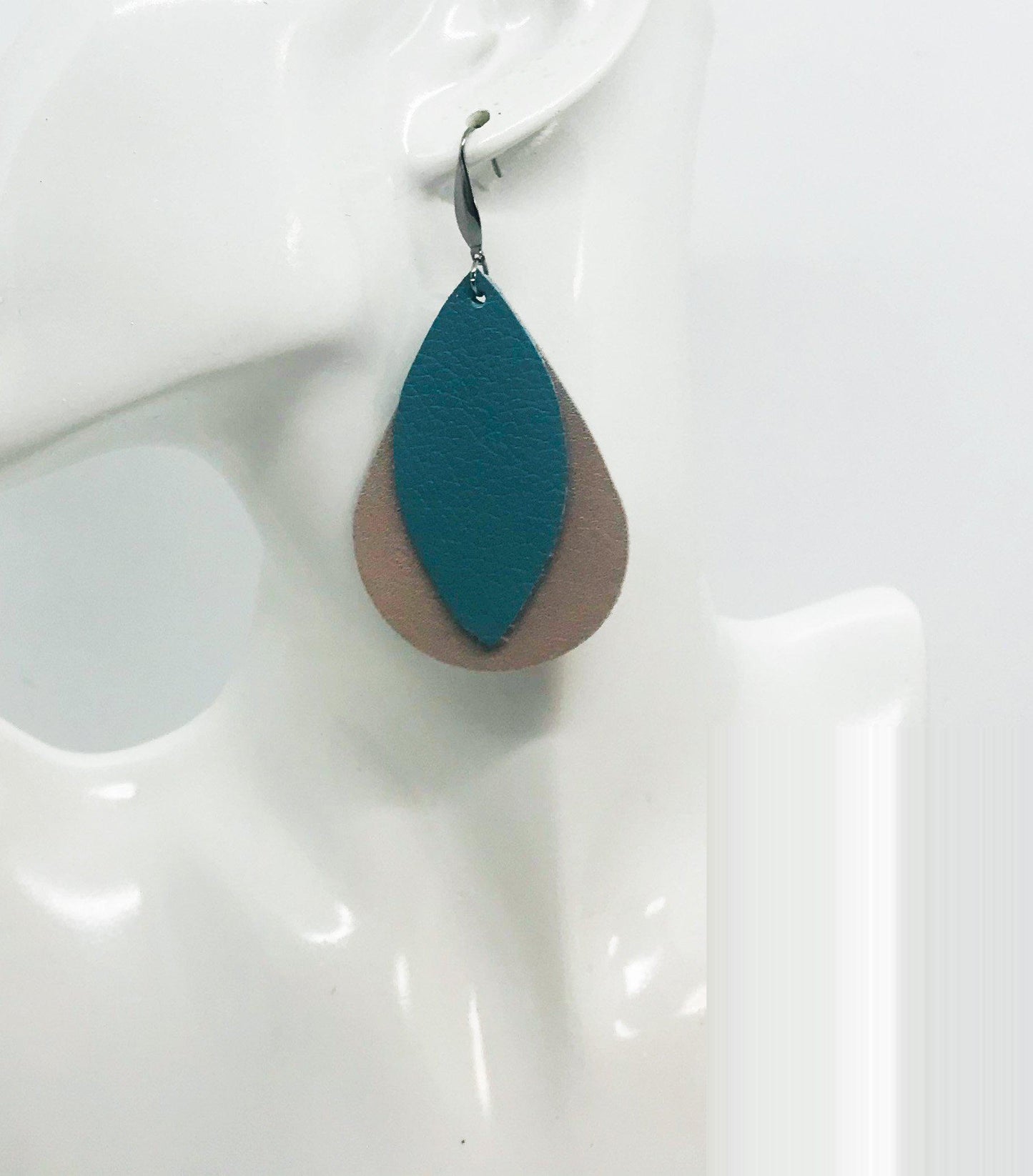 Rose Gold and Peacock Blue Layered Leather Earrings