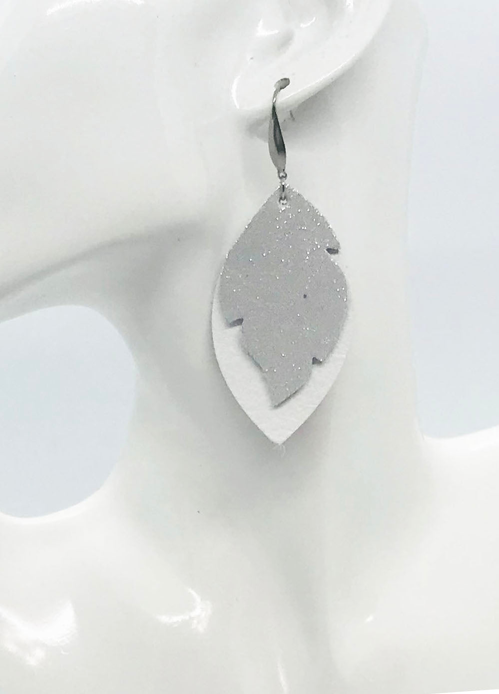 White and Silver Genuine Leather Earrings - E19-1527
