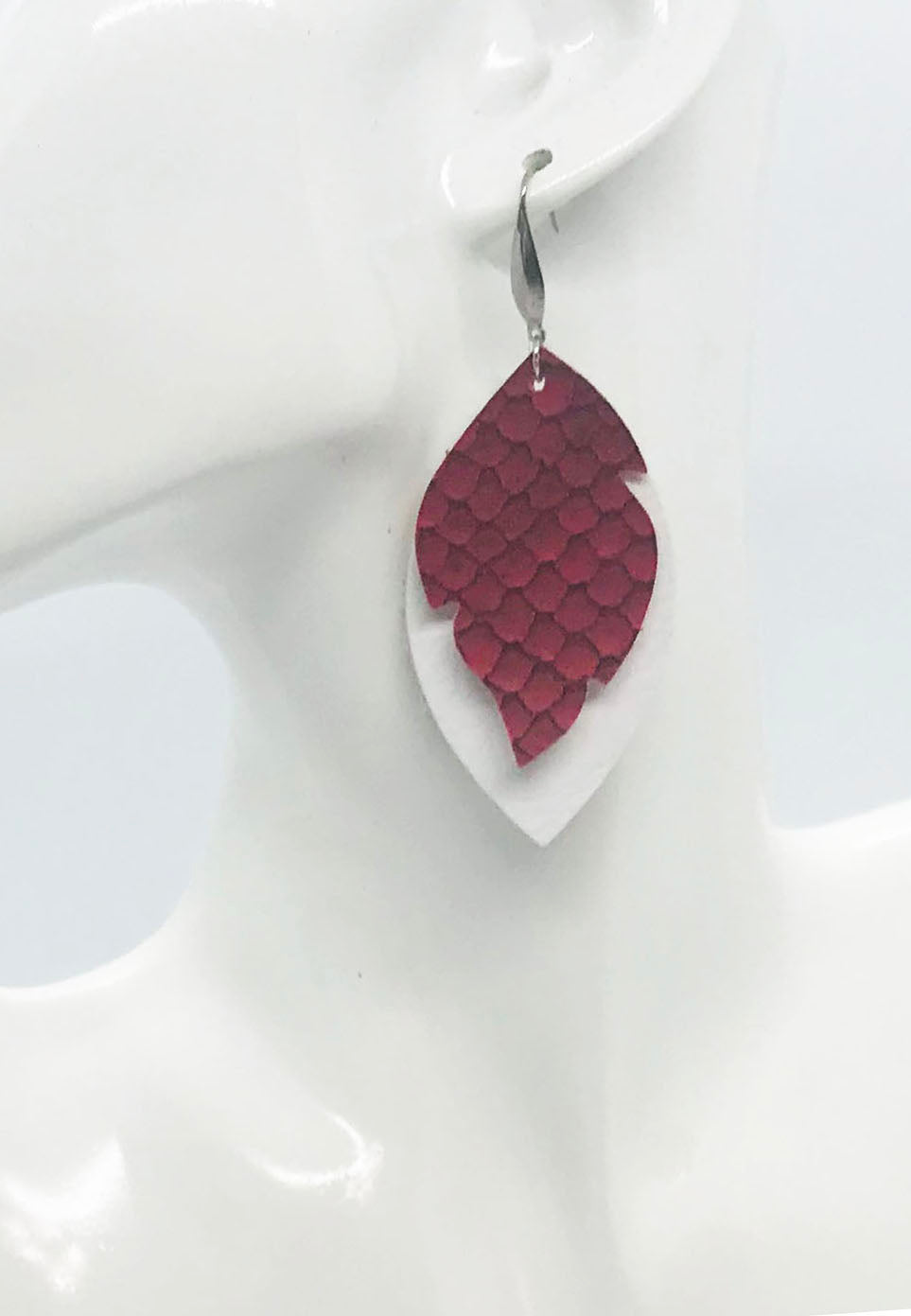 White Leather and Gator Red Faux Leather Earrings - E19-1545