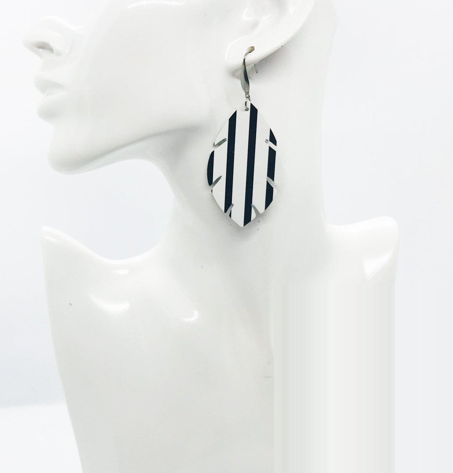 Matte Black and White Straight Striped Leather Earrings - E19-1660