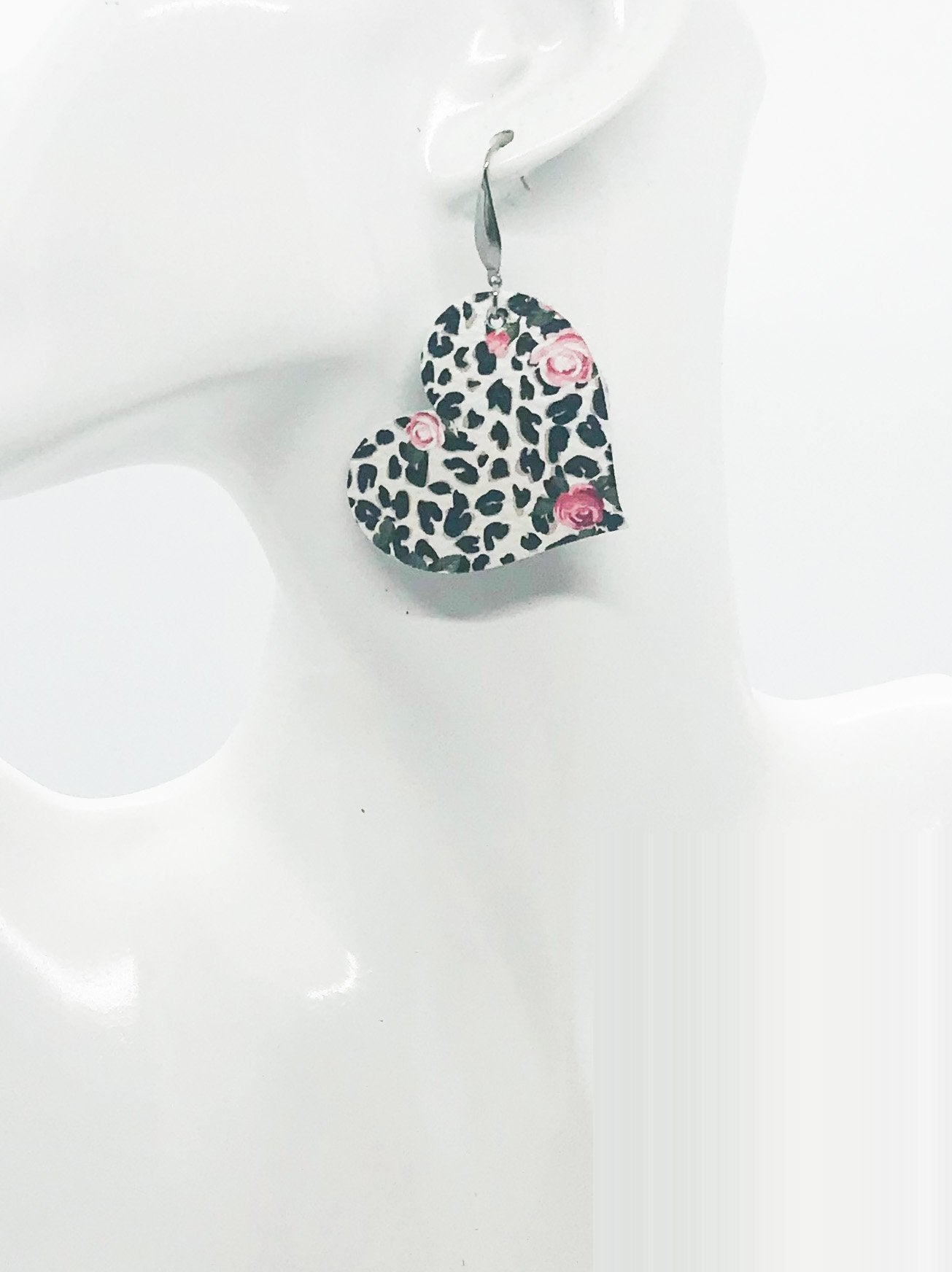 Rose Print Leopard Heart Earrings