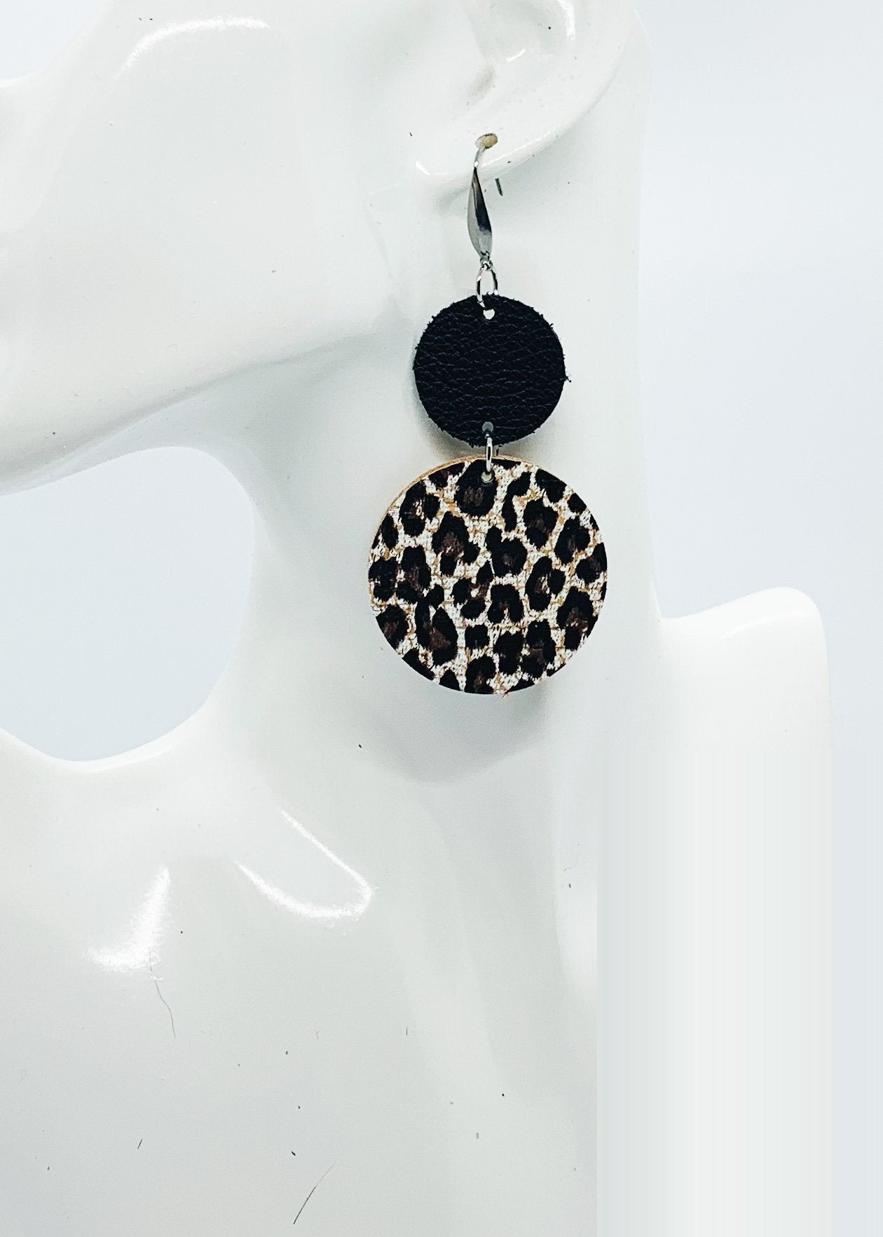 Black Leather and Cheetah Cork Leather Earrings - E19-1802