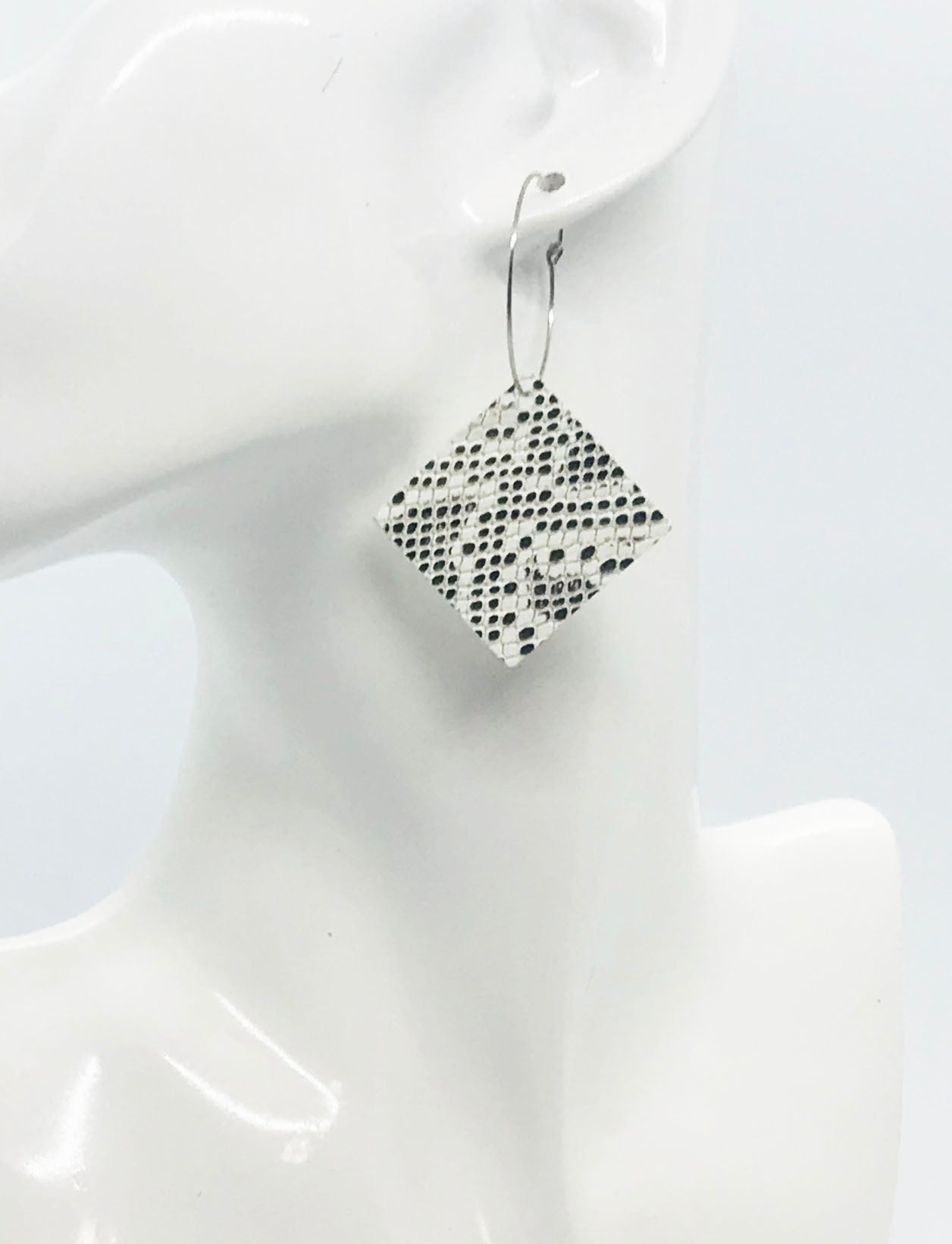 Beige and Gray Snake Skin Leather Hoop Earrings - E19-2160