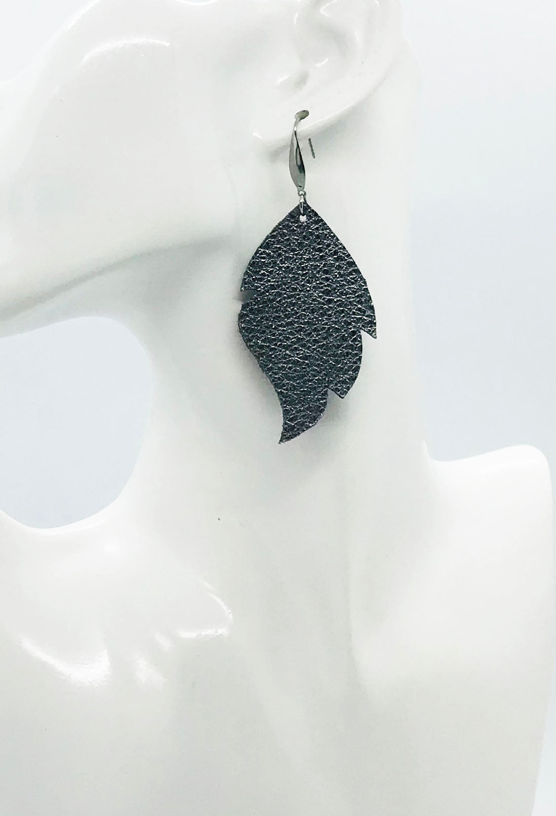 Metallic Gunmetal Feather Leather Earrings