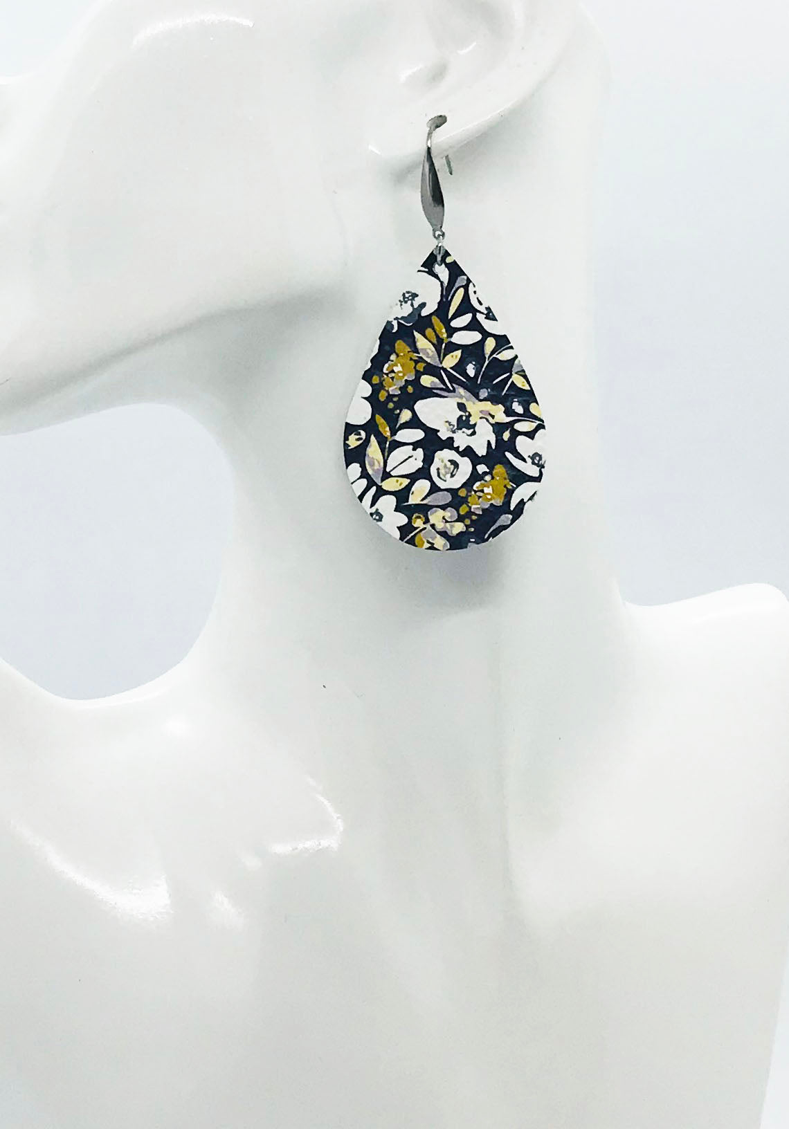 Navy Floral Leather Earrings - E19-2385