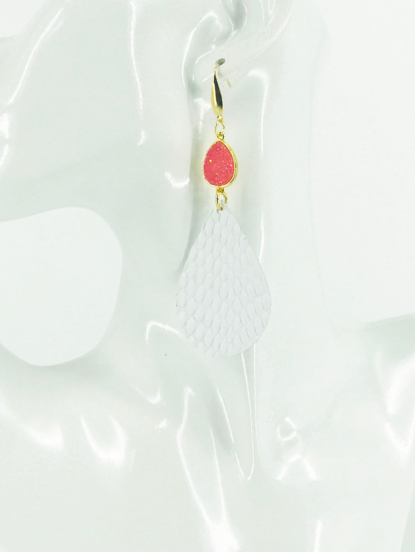 Druzy Agate and White Amazon Cobra Leather Earrings - E19-2449