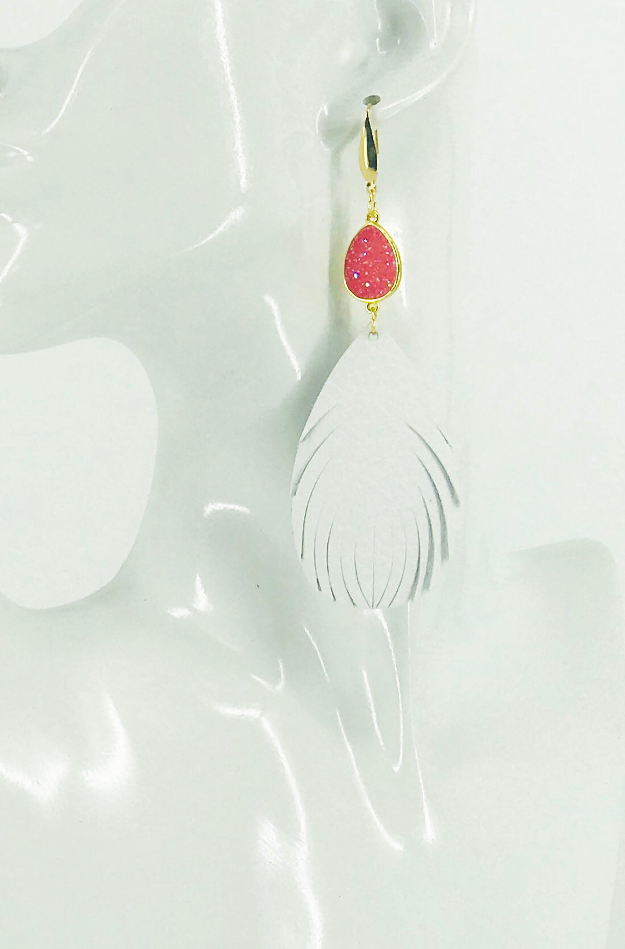 Druzy Agate and White Fringe Leather Earrings - E19-2465