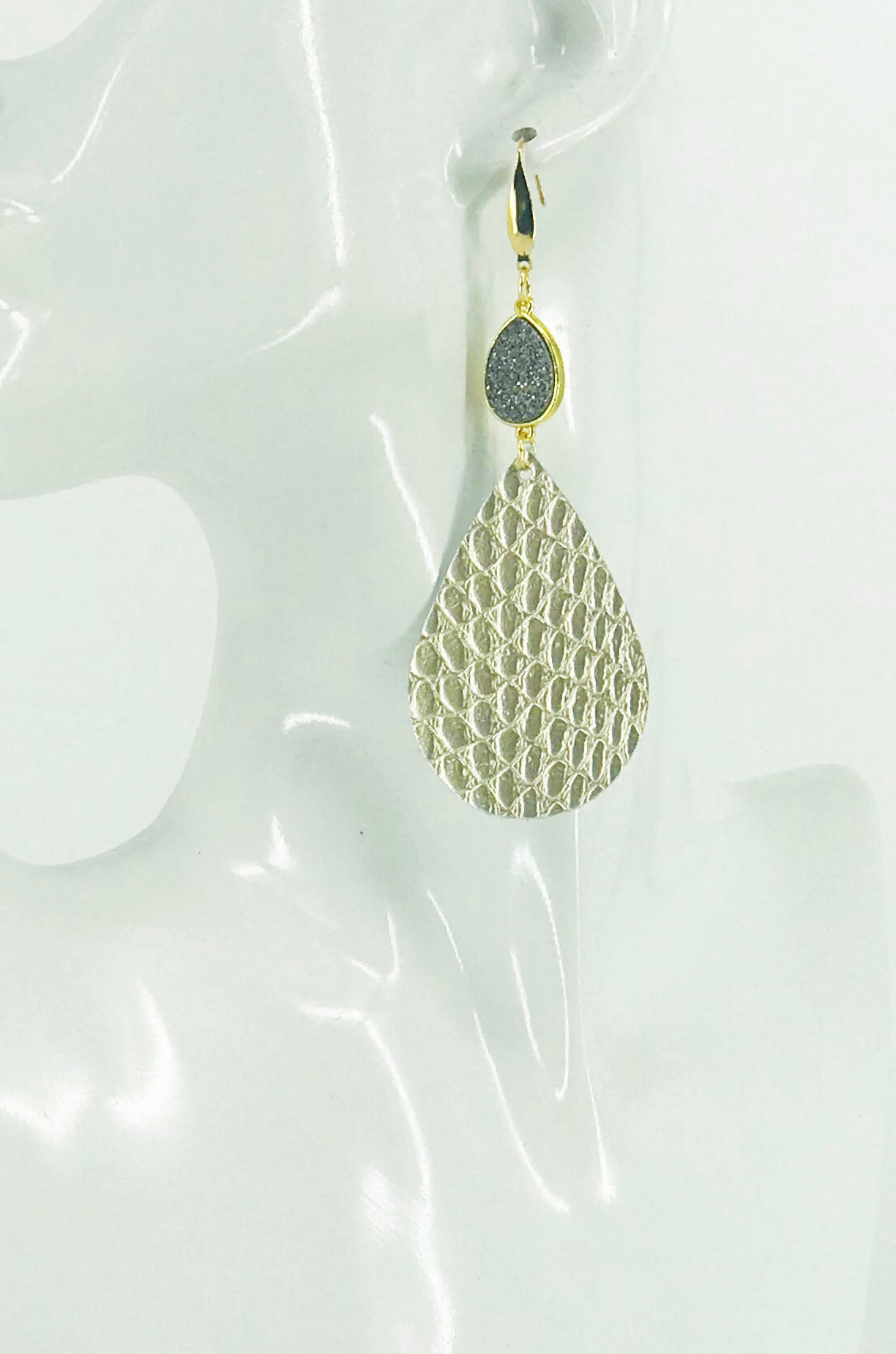 Druzy Agate and Platinum Amazon Cobra Leather Earrings - E19-2466