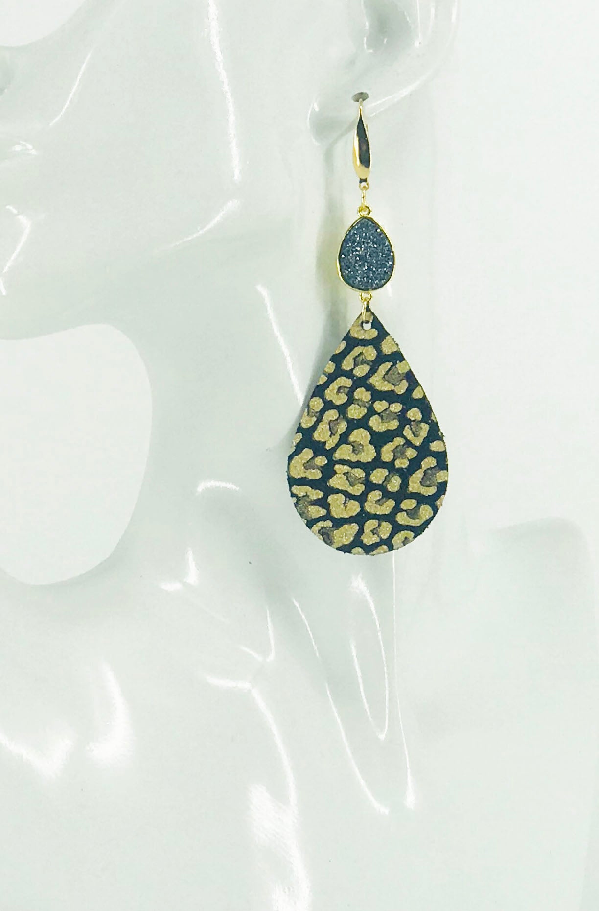 Druzy Agate and Gold Glitter Leopard Leather Earrings - E19-2467