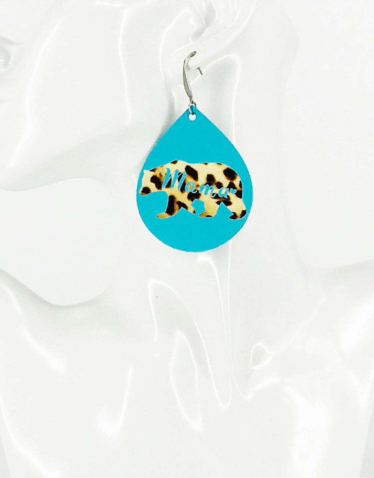Teal Mama Bear Faux Leather Earrings - E19-2848
