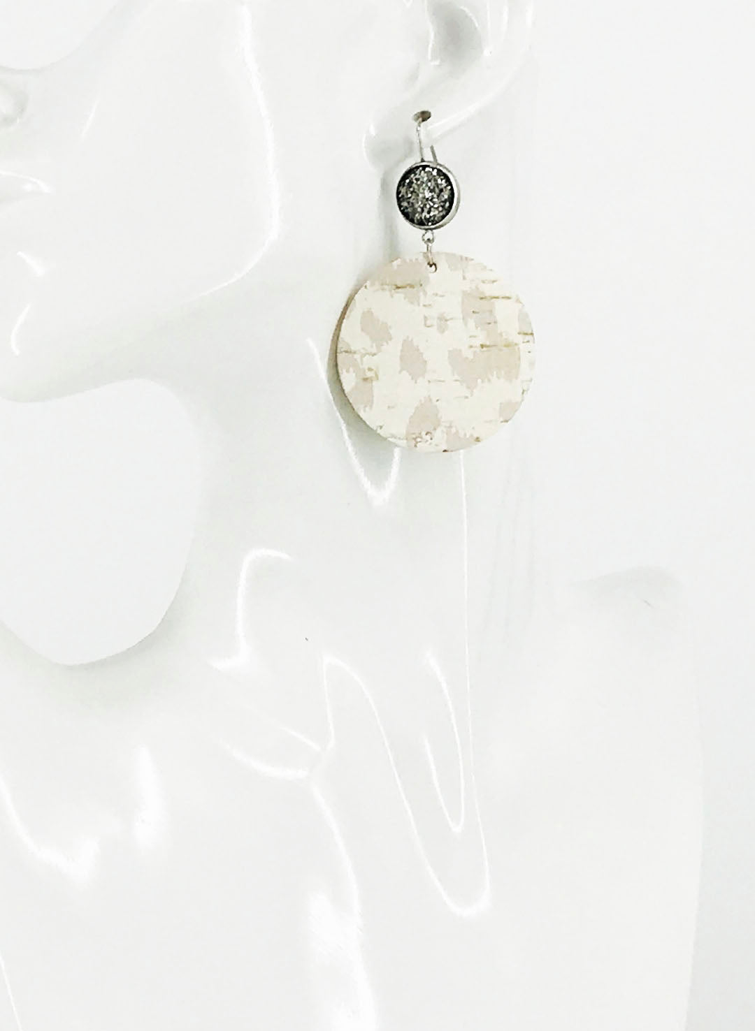 Gray Druzy and Nude Leopard Leather Earrings - E19-2885