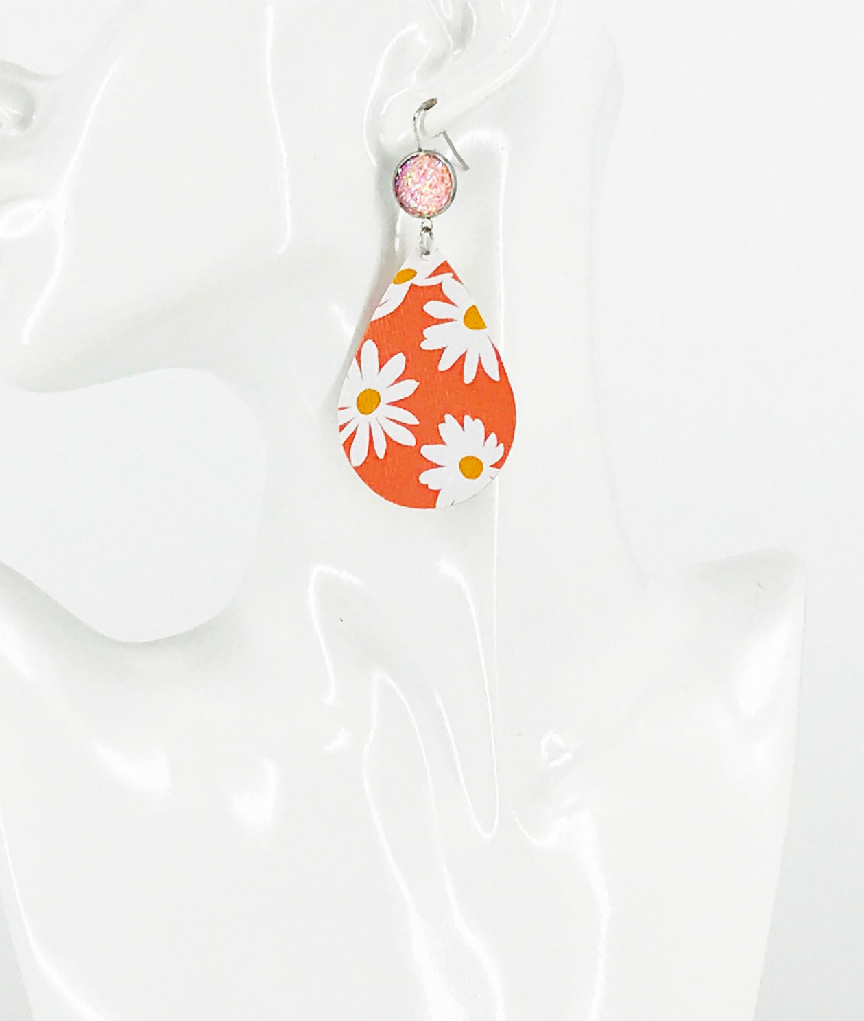 Coral Druzy and Daisey Faux Leather Earrings - E19-2889