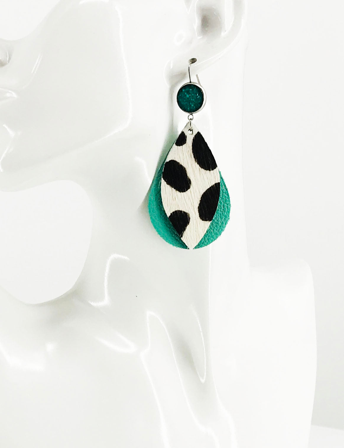 Druzy Agate and Cheetah and Aqua Leather Earrings - E19-2908