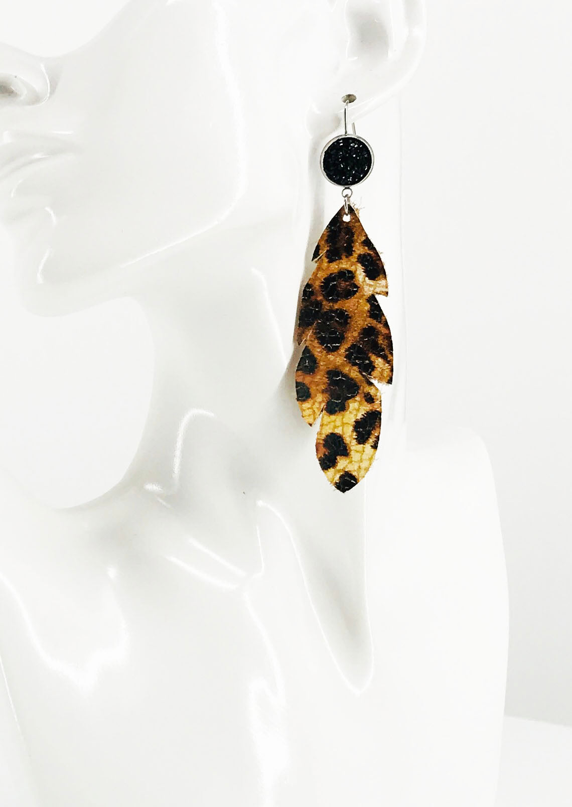 Midnight Leopard Feather Drop Earrings