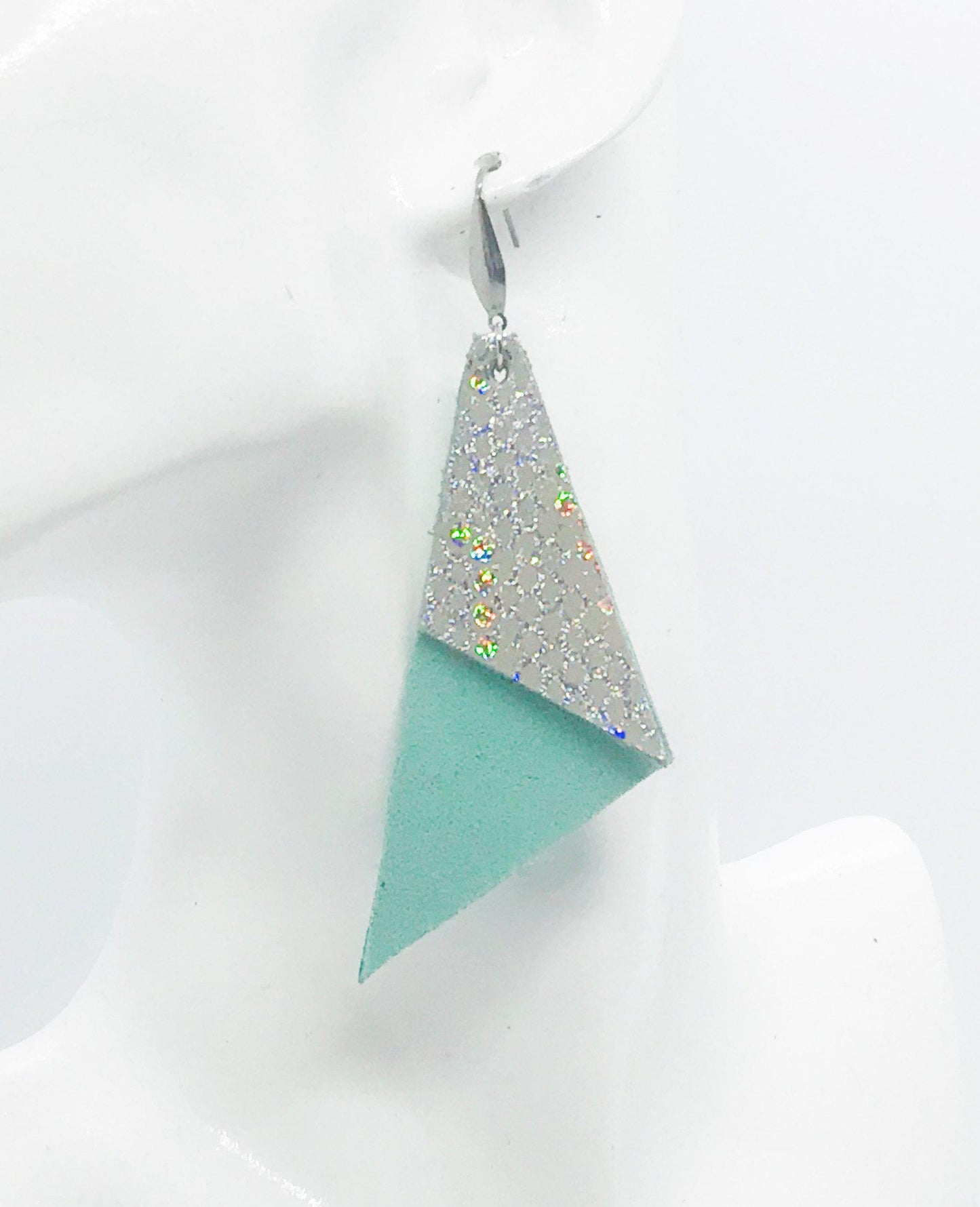 Mint and Metallic Silver Genuine Leather Earrings - E19-520