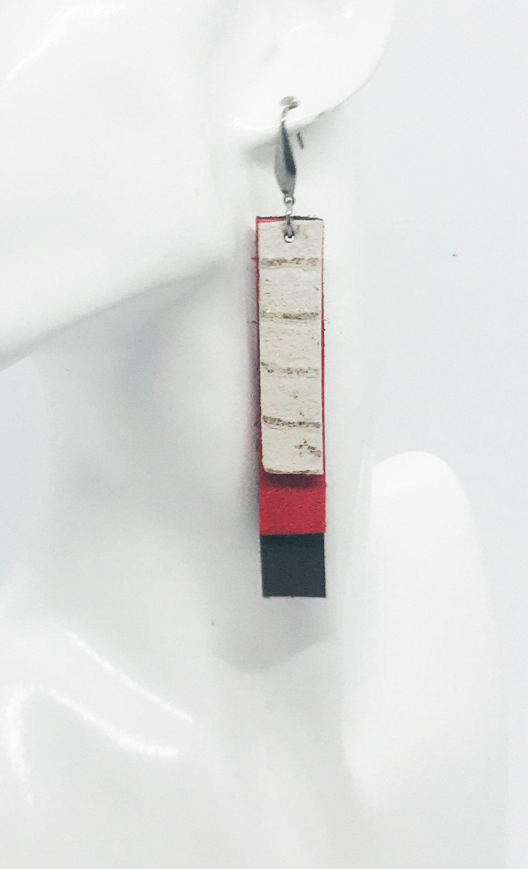 Brown, Coral & Ivory Layered Bar Leather Earrings
