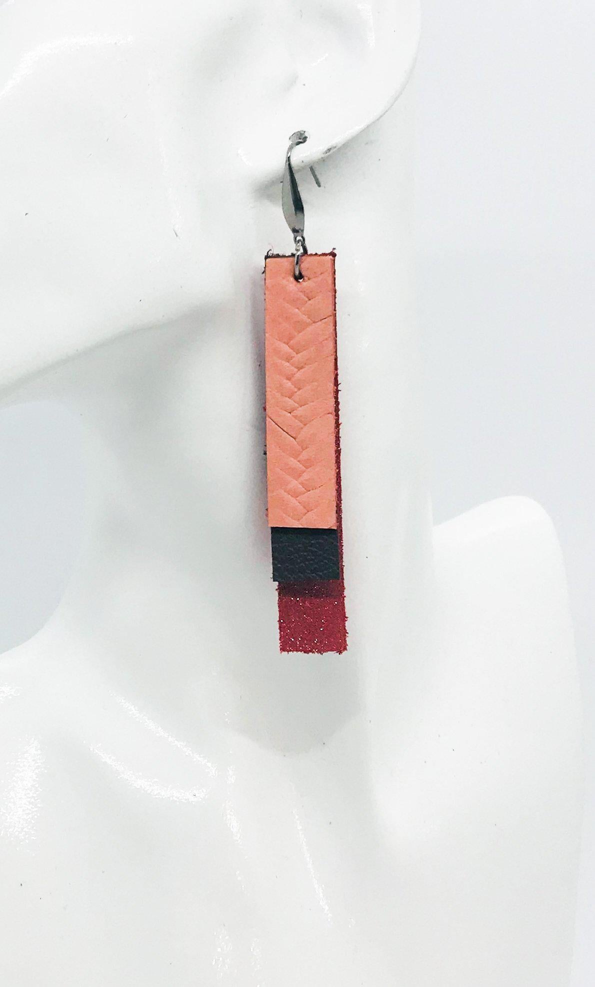 Coral Salmon and Chocolate Layered Bar Leather Earrings