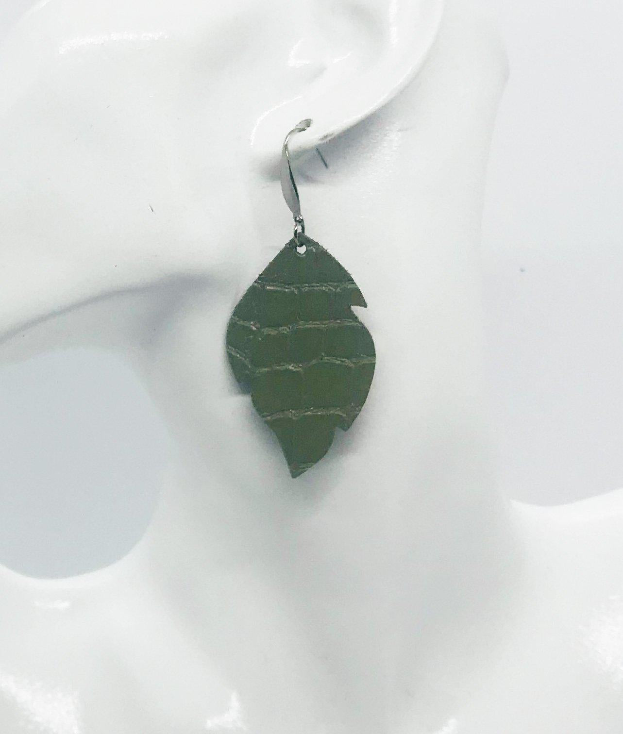Olive Croc Feather Drop Earrings