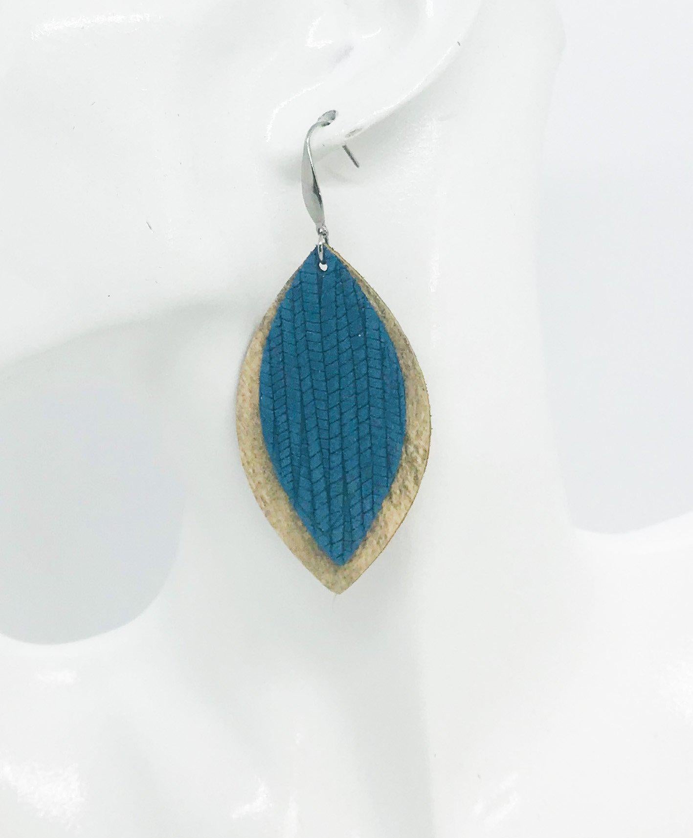 Creamy Camel Teal Layered Palm Leaf Leather Earrings