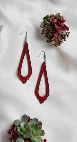 Red Leather Earrings with Rhinestones - E19-070