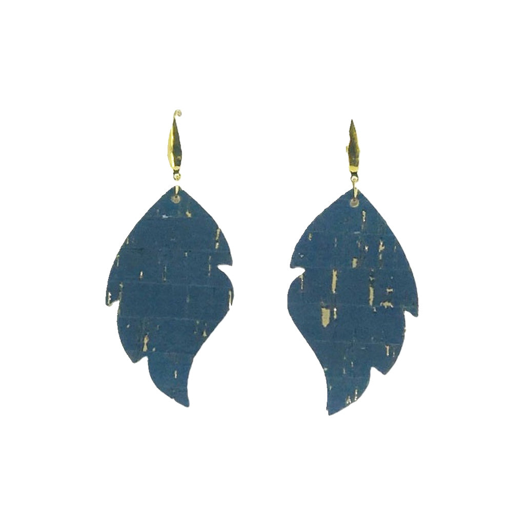 Navy Cork Gold Fleck Scalloped Leaf Earrings