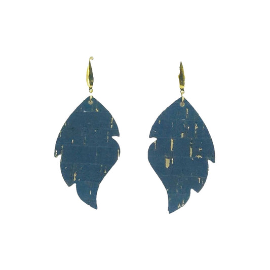 Navy Cork Gold Fleck Scalloped Leaf Earrings