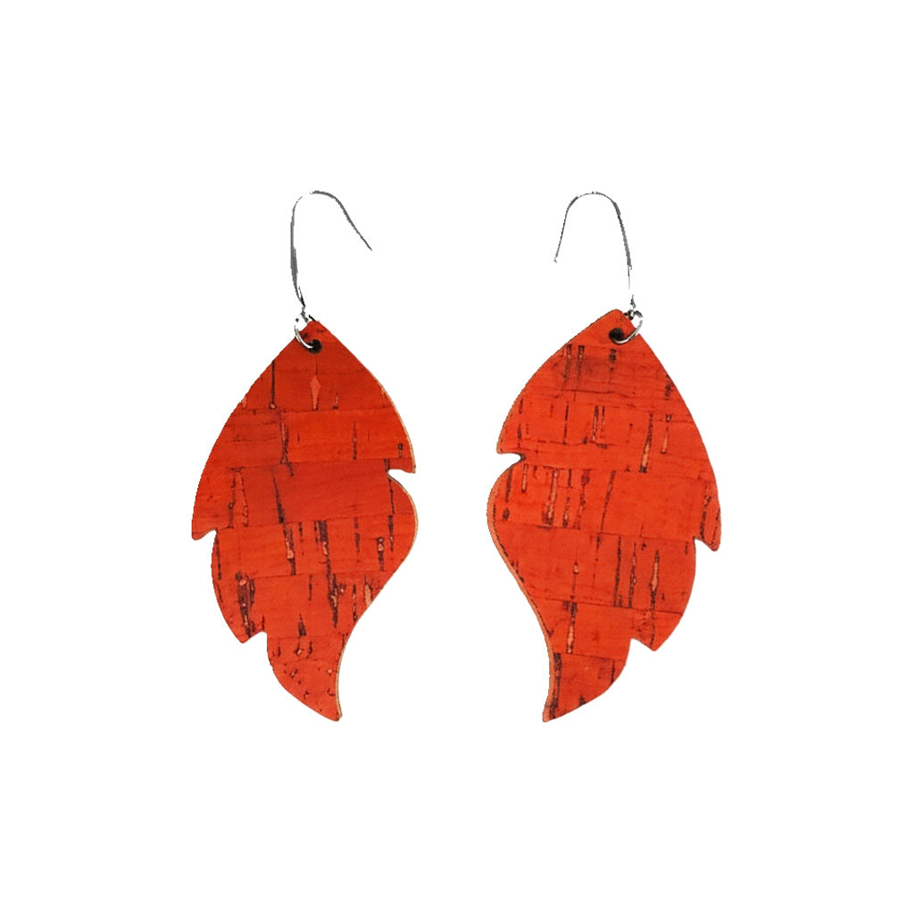 Salmon Cork Scalloped Leaf Leather Earrings