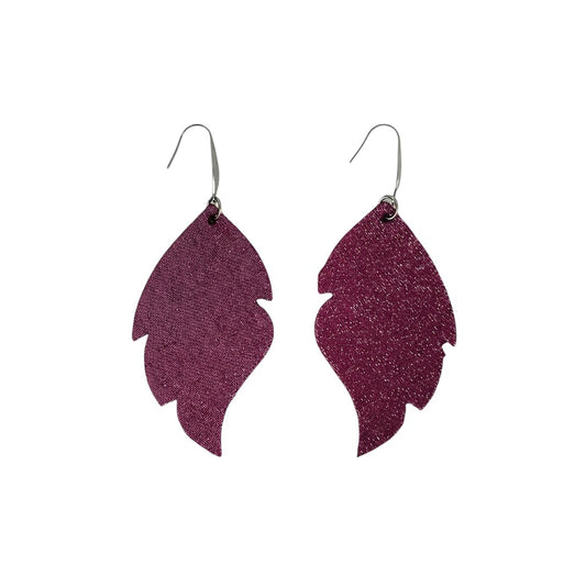 Dark Raspberry Dazzle Scalloped Leaf Leather Earrings