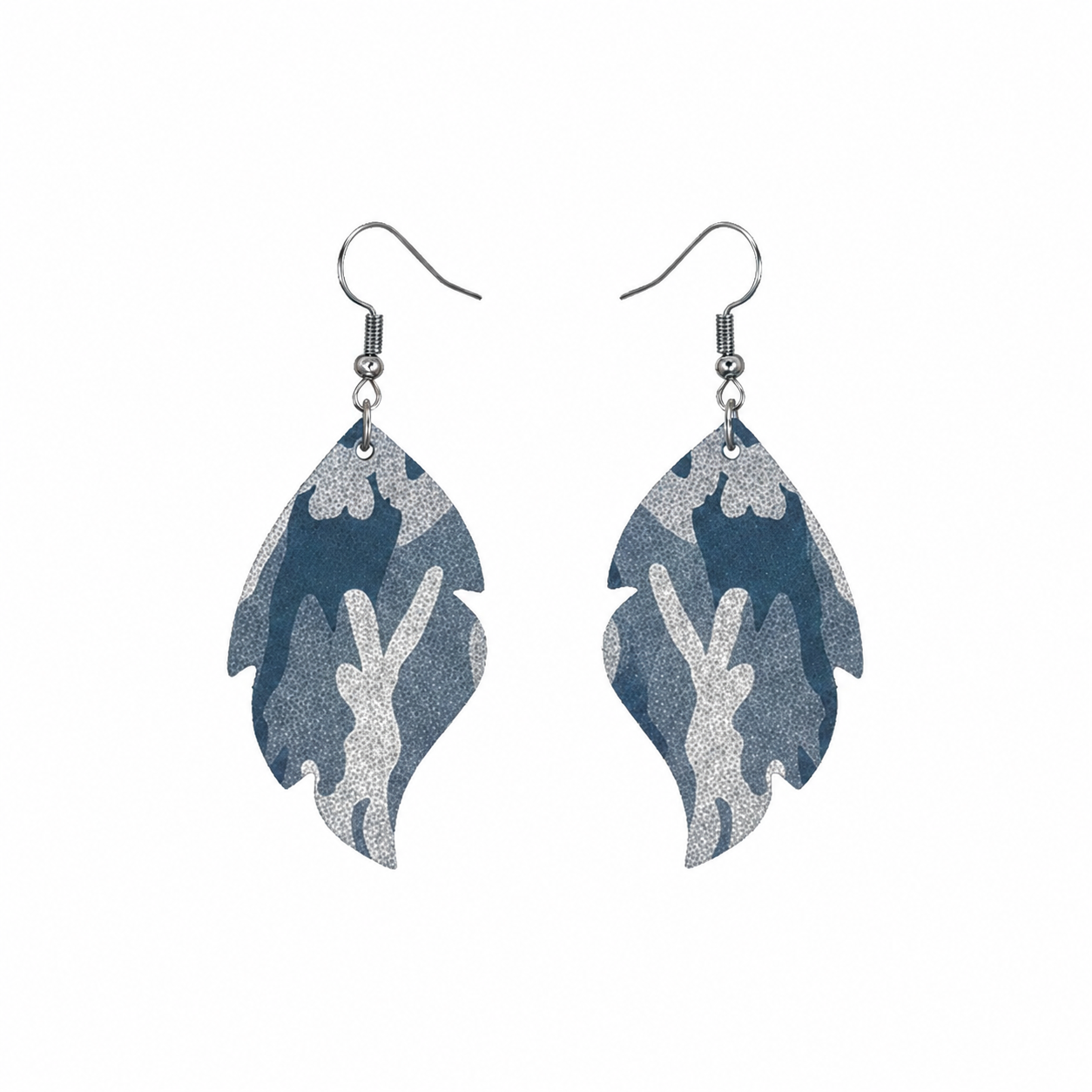 Denim Metallic Camo Scalloped Leaf Leather Earrings