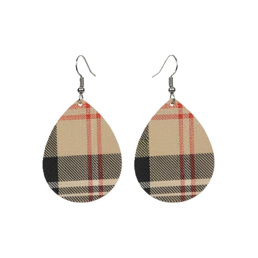 Kool Khaki Plaid Leather Teardrop Earrings
