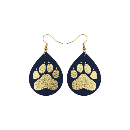 Purple & Gold Paw Print Teardrop Leather Earrings