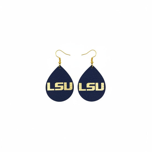 Purple & Gold LSU Teardrop Leather Earrings