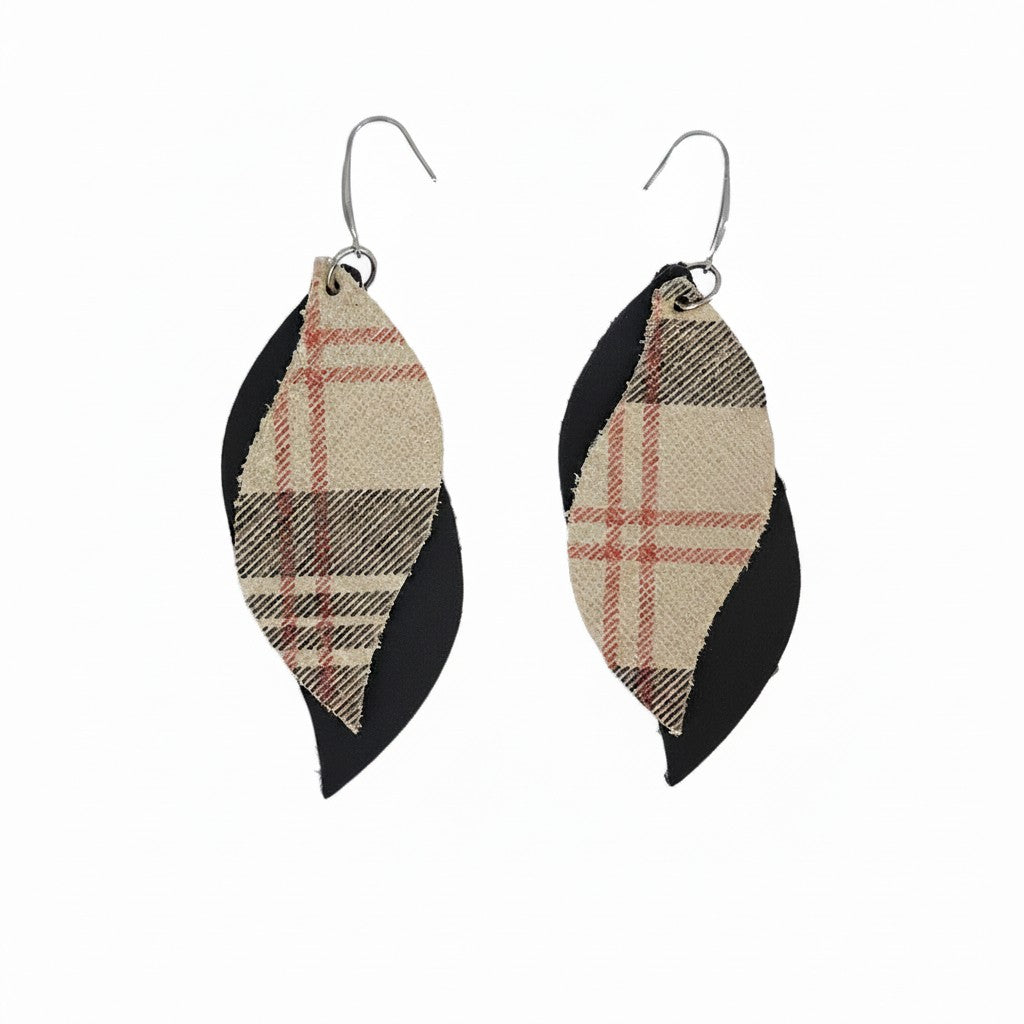 Black & Khaki Preppy Plaid Layered Leather Earrings