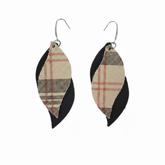 Black & Khaki Preppy Plaid Layered Leather Earrings