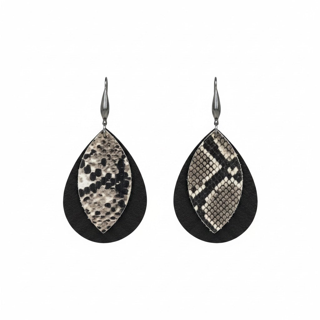 Black and Natural Snake Leather Earrings