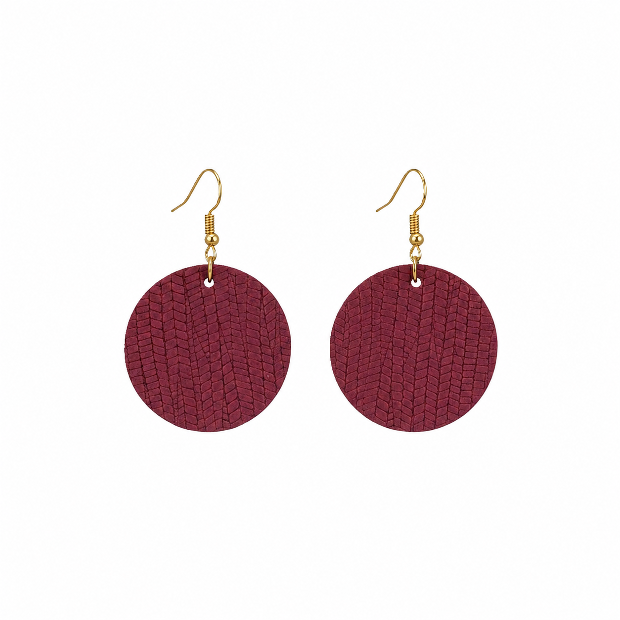 Raspberry Palm Leaf Circle Leather Earrings