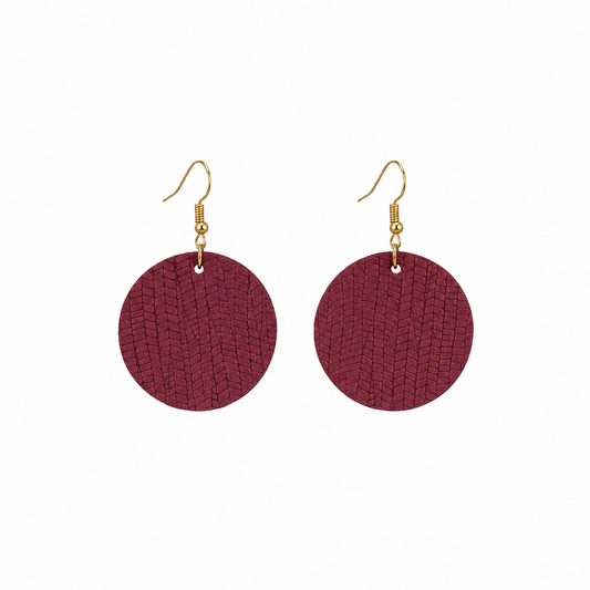 Raspberry Palm Leaf Circle Leather Earrings