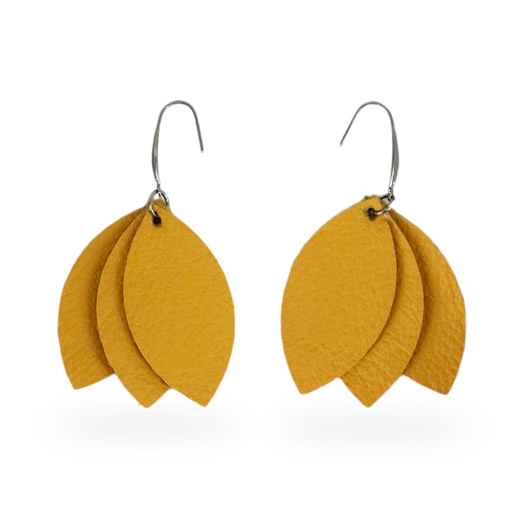 Light Mustard Layered Petal Leather Earrings