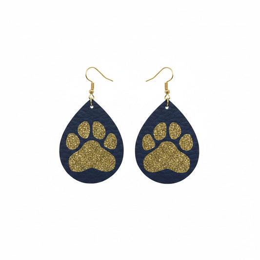 Purple & Gold Paw Print Teardrop Leather Earrings